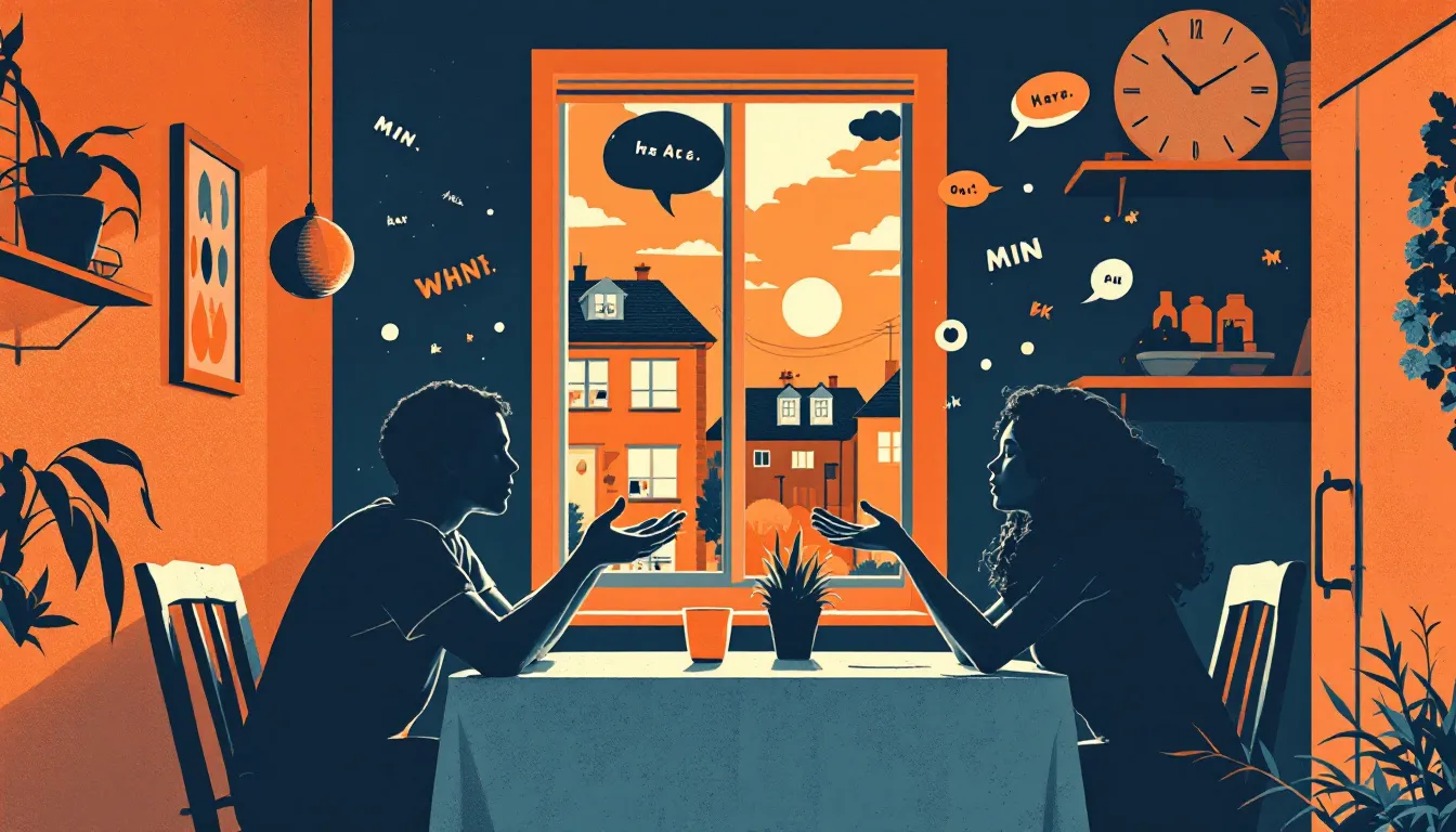 Risograph-style illustration of two figures seated at a kitchen table, one leaning forward with open hands and the other listening, as floating words between them dissolve from angular shapes into soft rounded forms, with warm terracotta and slate-blue tones