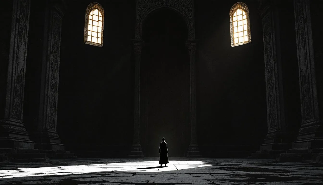 A lone robed figure stands in a shaft of light within a vast dark stone hall