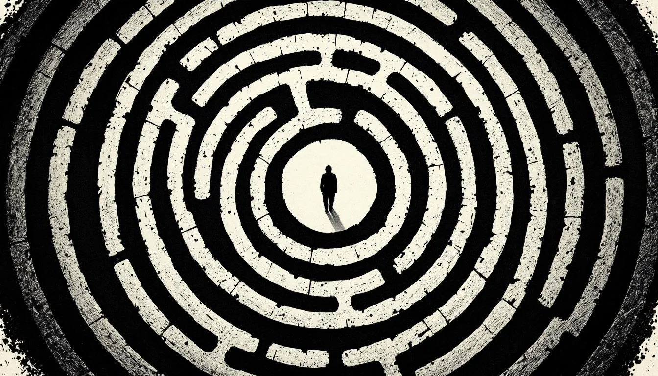 Aerial view of a black-and-white circular labyrinth with a small figure at its center