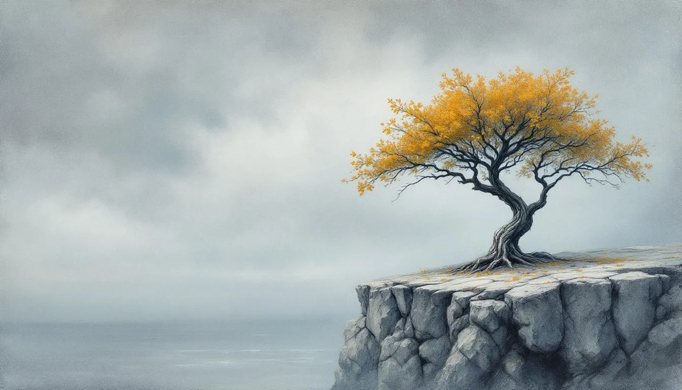 A lone golden-leaved tree clinging to the edge of a grey clifftop above the sea