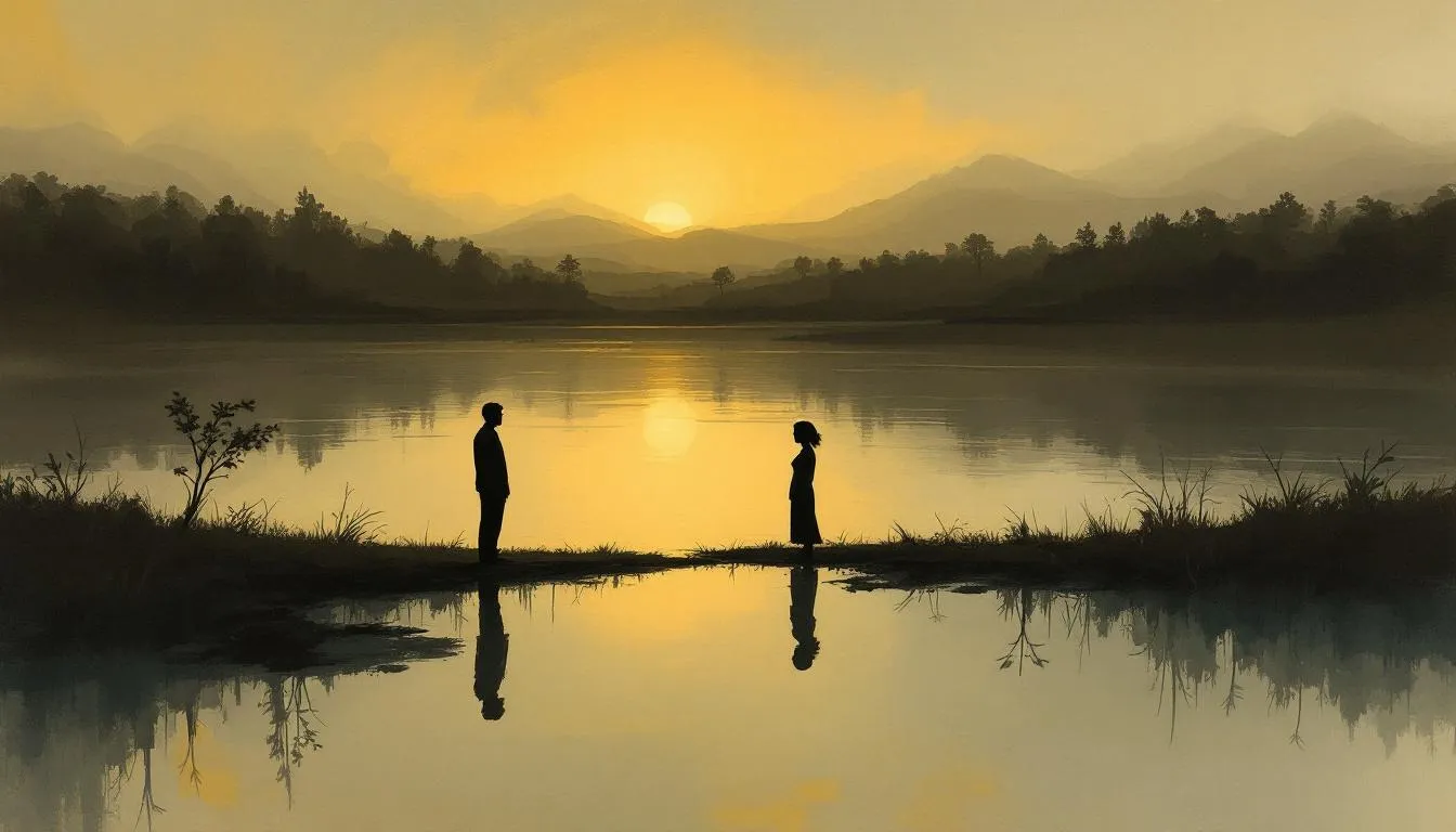 Two figures stand facing each other across still water at a misty golden sunset
