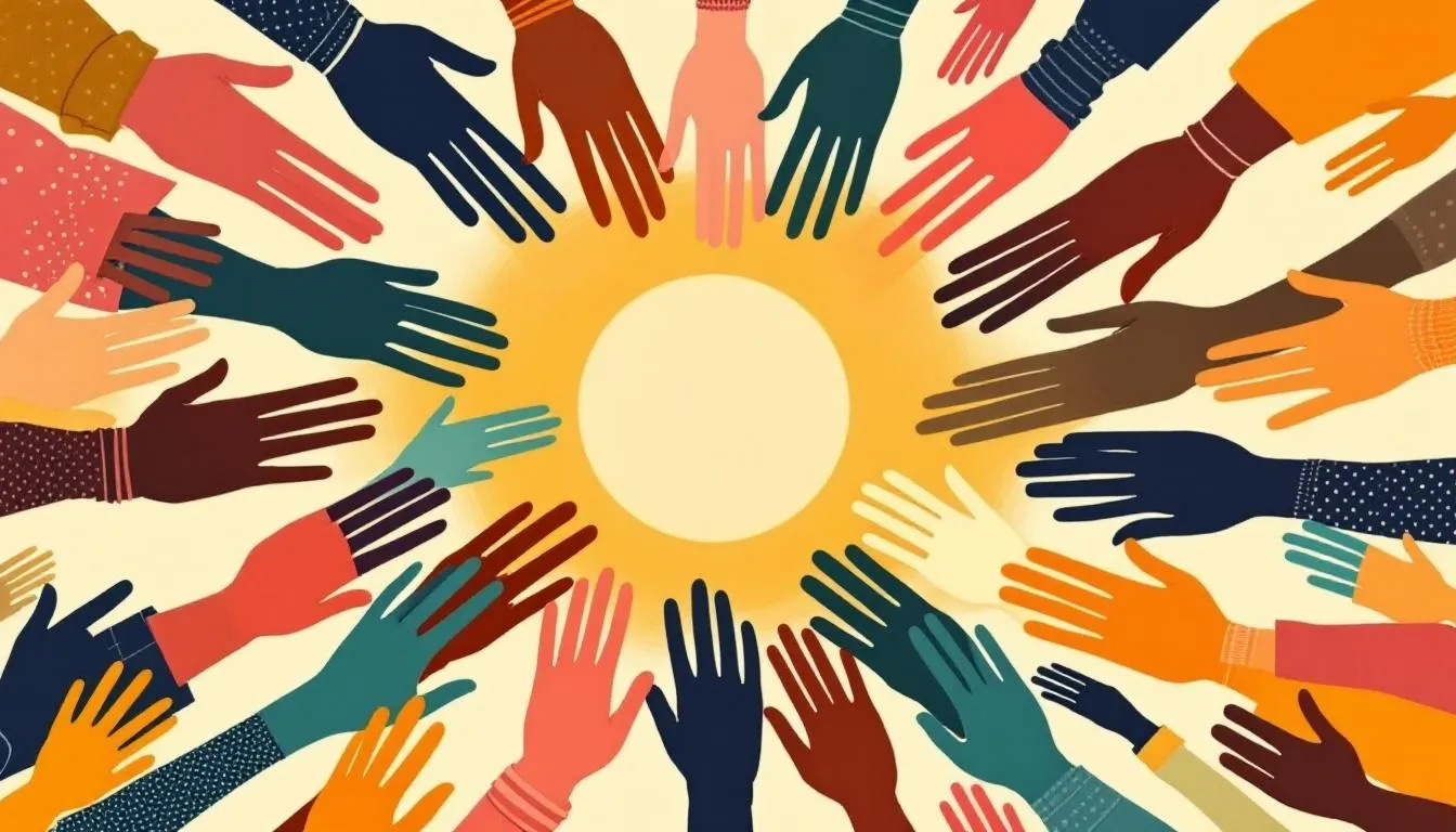 Many diverse hands reaching inward toward a glowing sun at the center