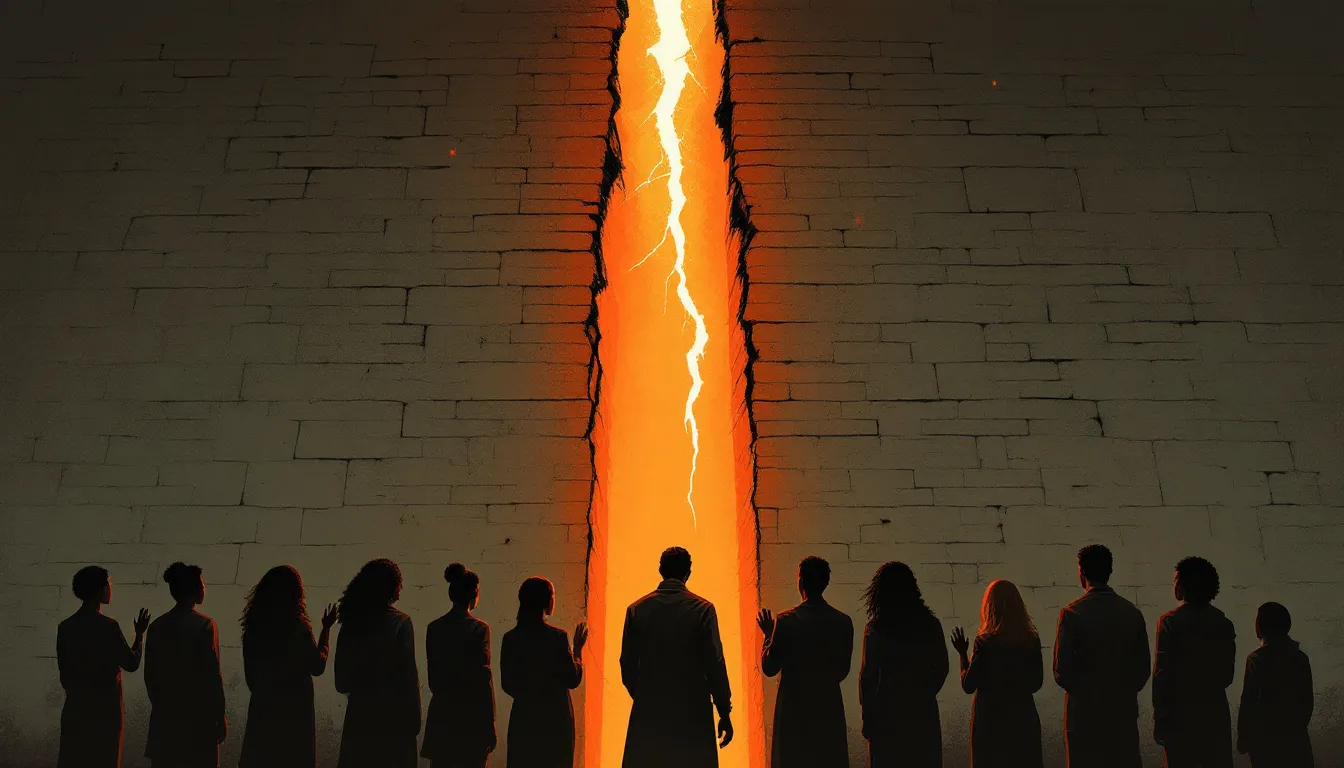 Linocut illustration of silhouetted figures pressing their hands against a cracked brick wall as warm amber light pours through the fissures