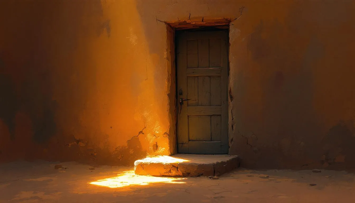 A weathered closed door in a warm ochre wall lit by a shaft of evening light