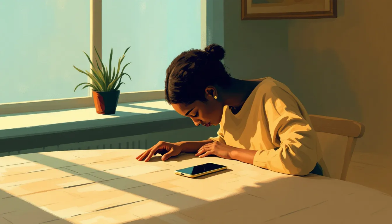 A person with warm brown skin sitting alone at a kitchen table in morning light, phone face-down beside an untouched mug of tea, one open hand resting on worn wood, a potted plant silhouetted against a pale blue-gold window