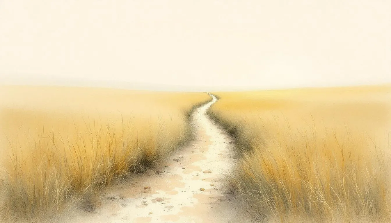 A faint winding footpath fades into a hazy golden grassland