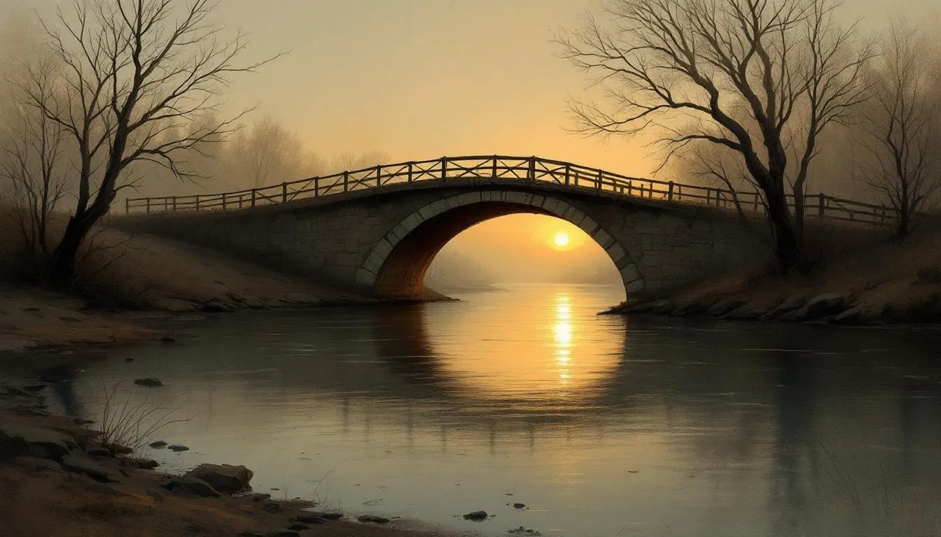 A weathered stone footbridge arches over still water at a misty sunrise