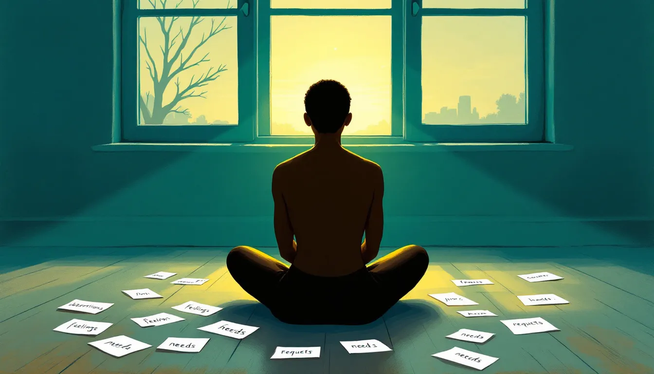 A figure with dark brown skin sits cross-legged on a wooden floor, back to the viewer, facing a window at dusk, surrounded by scattered handwritten index cards that glow with a soft inner light