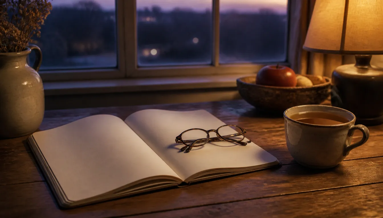 An open notebook and a cooling cup of tea on a kitchen table beside a window at dusk, with a pair of reading glasses set down mid-page
