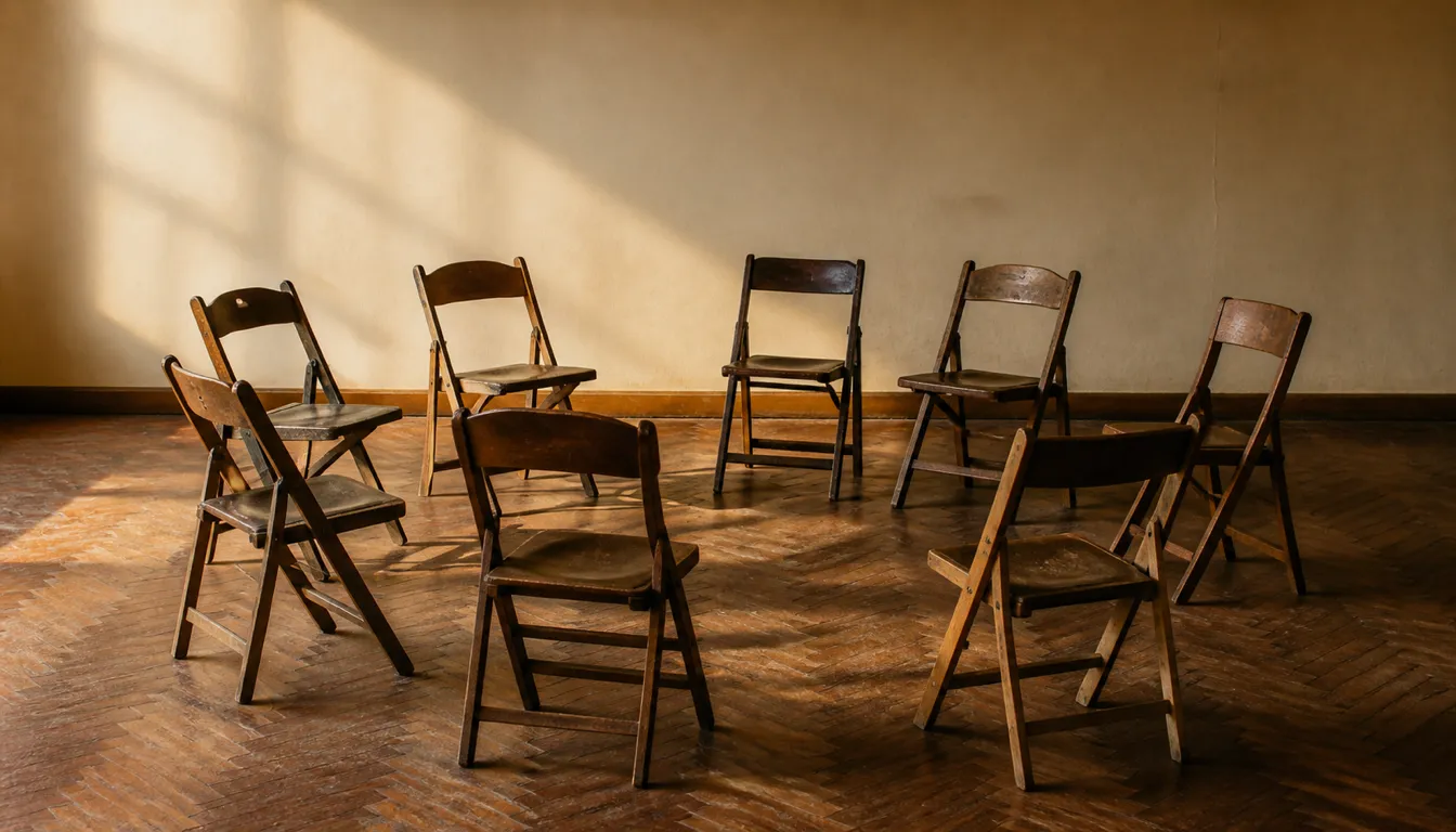 An empty circle of mismatched wooden folding chairs in a plain community hall, one chair turned slightly out of the circle