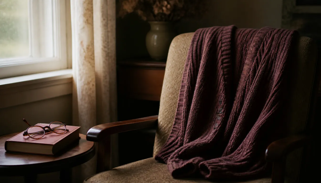 A plum-coloured cardigan draped over an empty armchair by a window, with reading glasses resting on a closed book