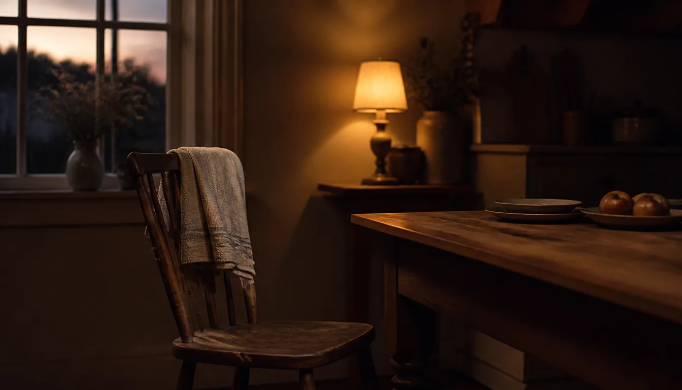 A kitchen chair pulled back from a table at dusk with a folded dish towel over its back and a single lamp lit behind it
