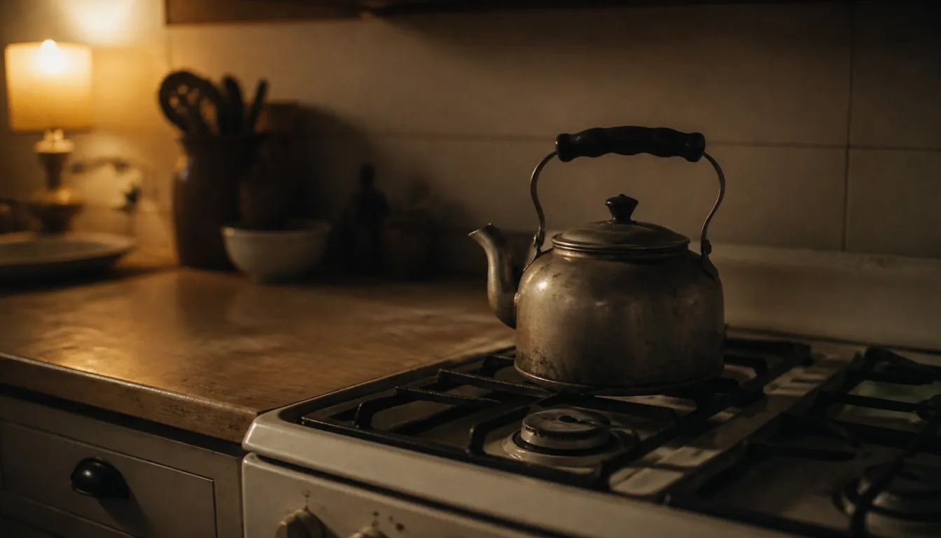A kettle on an unlit stove with the burner switched off, warm amber light falling across the worktop