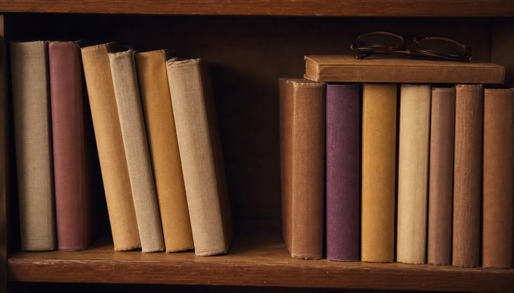 A narrow wooden bookshelf holding an uneven row of worn books with faded blank spines, a gap where two volumes have been pulled out, folded reading glasses resting on a book laid flat