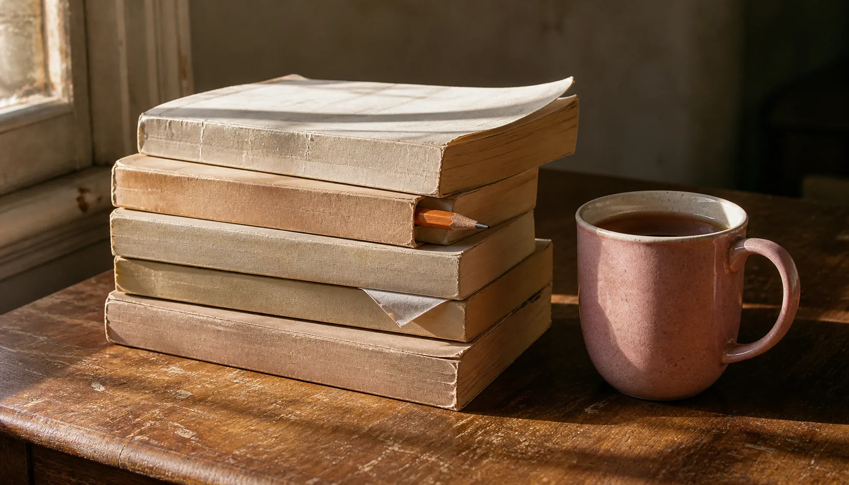 A stack of five worn paperback books on nonviolent communication resting on a scuffed wooden table beside a cooling mug of tea in low afternoon light, a pencil marking a page