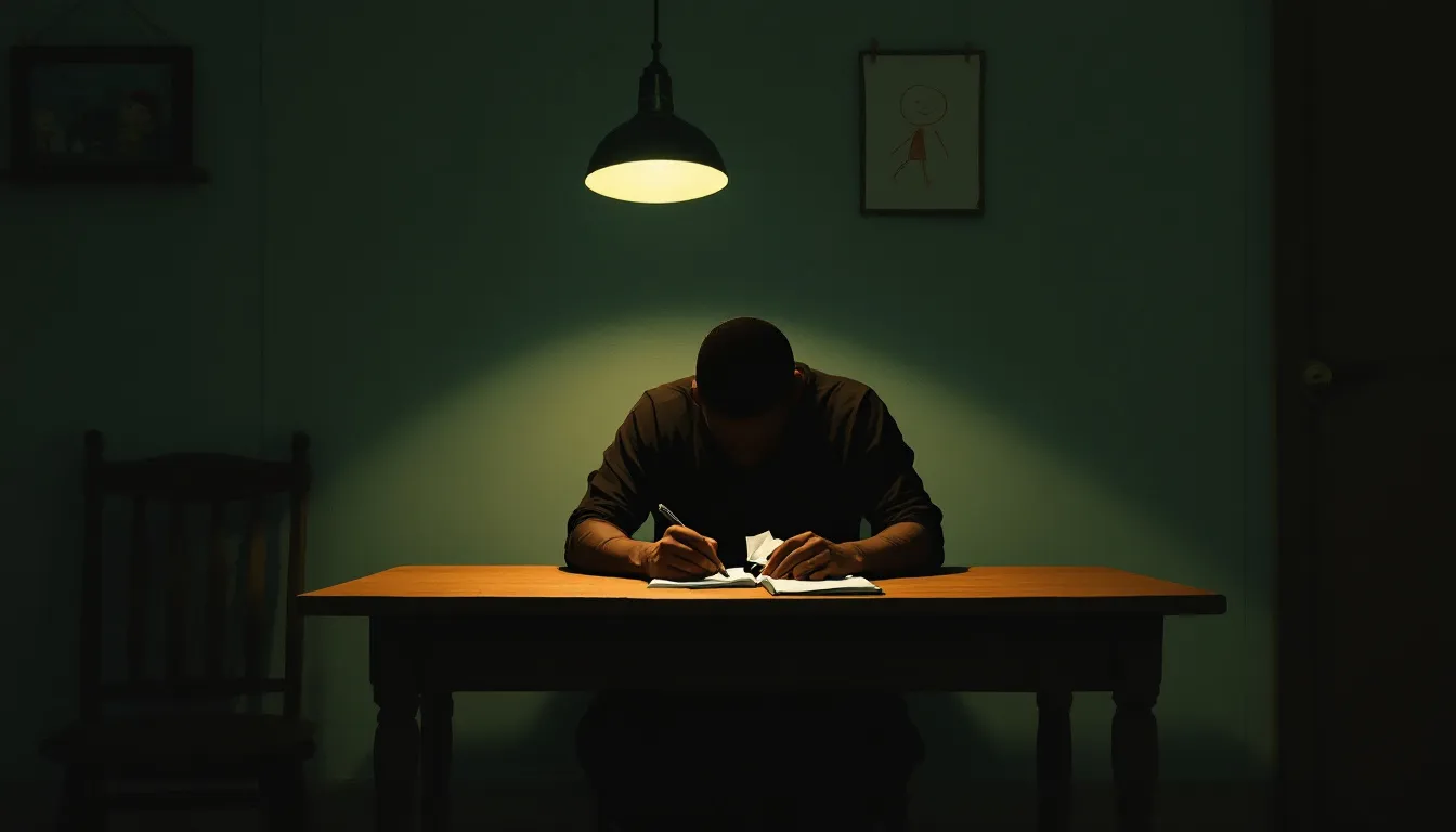 A lone figure seated at a kitchen table in evening lamplight, holding a crumpled paper beside an open journal, with a child's drawing pinned to the sage-green wall above