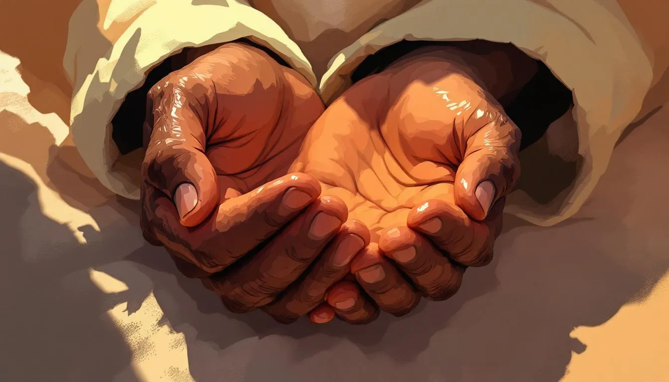 Two weathered open hands cupped together in warm light, offering or receiving