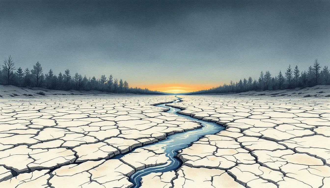 A thin blue stream winding through a vast plain of cracked white earth toward a dim sunset