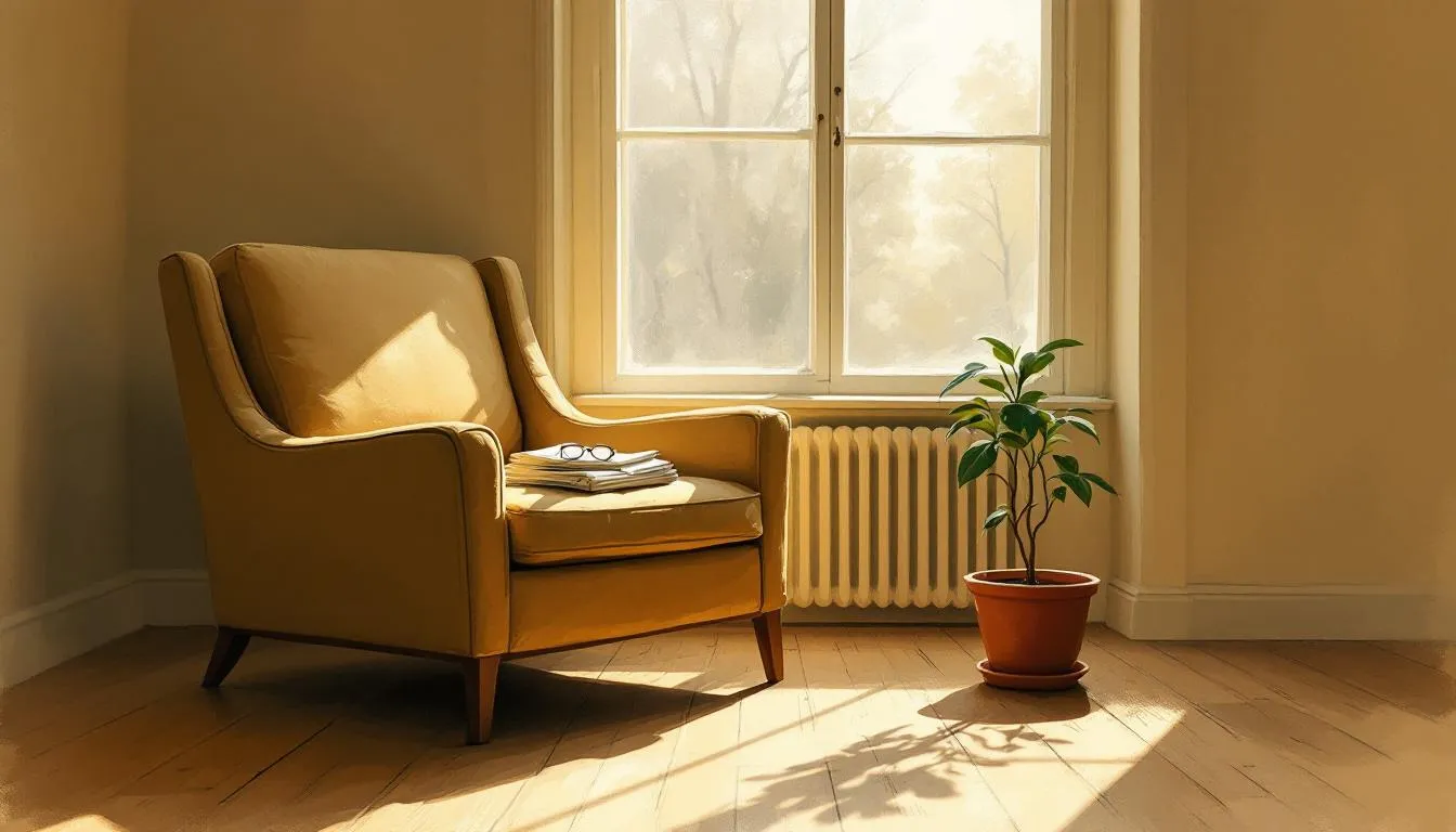 A worn armchair with reading glasses on folded papers beside a potted plant