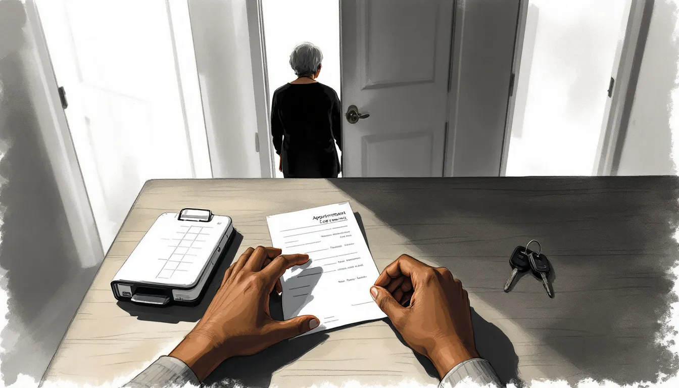 Adult hands with warm brown skin arranging a pill organizer and car keys on a hallway table, with the silhouette of an older person standing in a doorway behind them