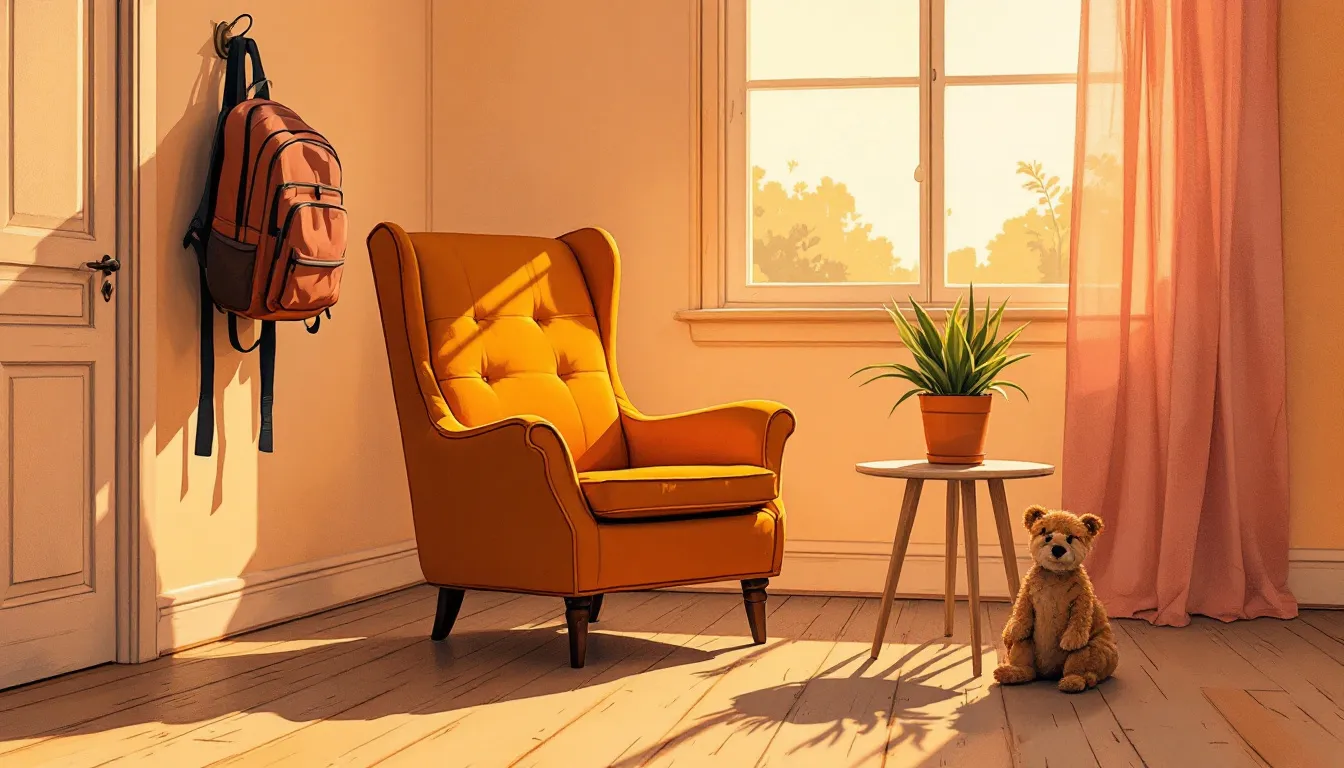 A gouache illustration of an empty armchair near a sun-faded window, a child's backpack hanging on a hook beside it, late afternoon light pooling on worn floorboards with a plant casting a long shadow