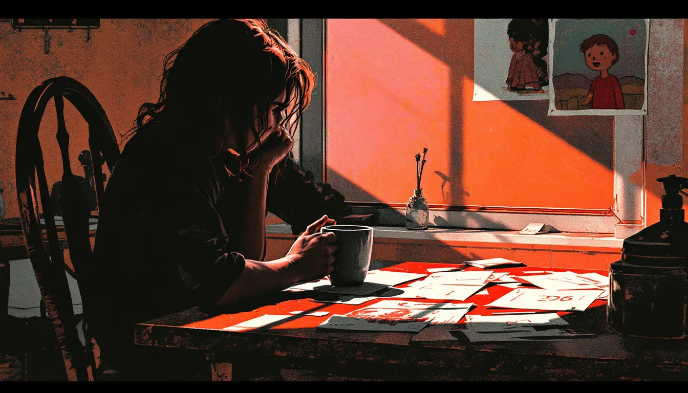 A person seen from behind sits alone at a kitchen table, hands around a mug, a child's drawing pinned to a sunlit window behind them, in warm amber and dusty rose risograph tones