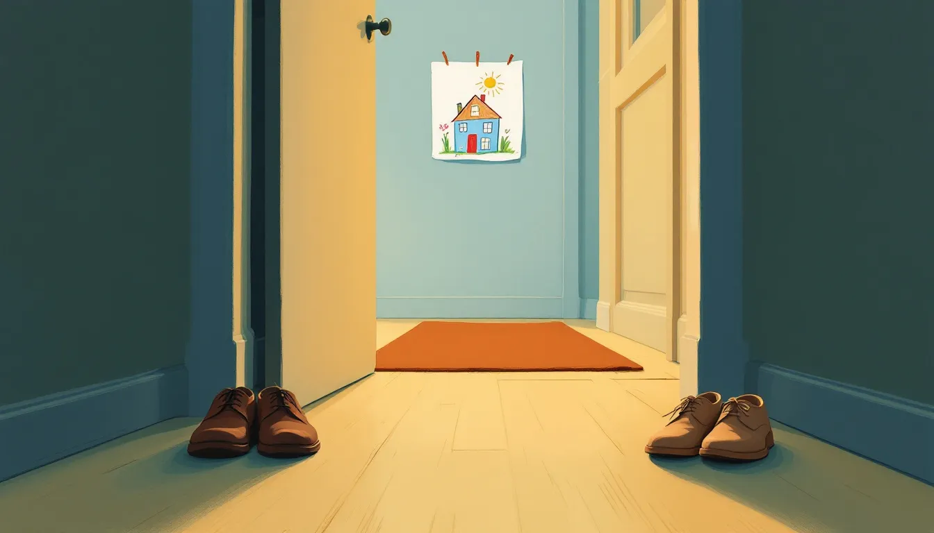Gouache illustration of a hallway at dusk with two pairs of adult shoes on either side of an open doorway, a child's crayon drawing of a house with two suns visible on the wall beyond