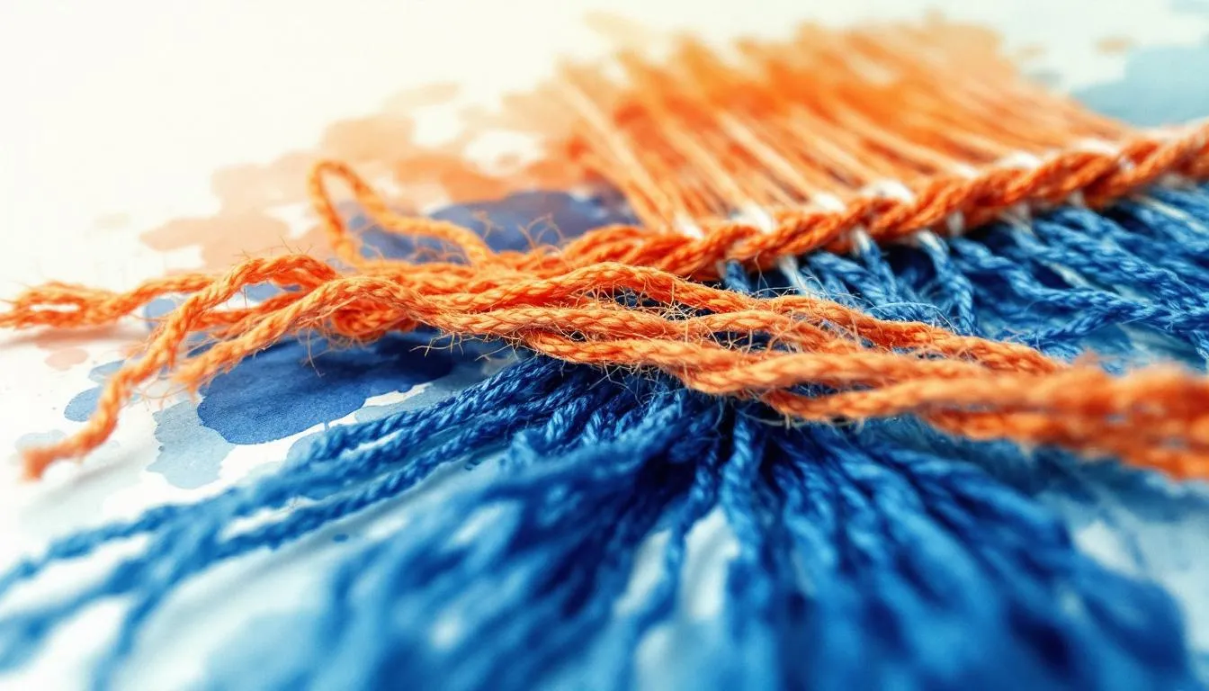 Close-up of orange and blue yarn woven together over a watercolor-stained surface
