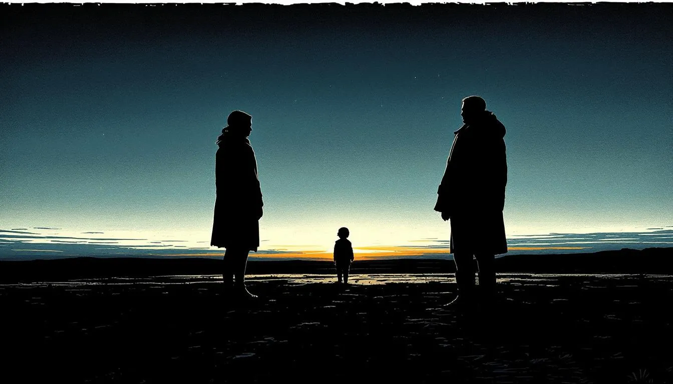 Silhouettes of two adults standing apart with a small child between them at dusk