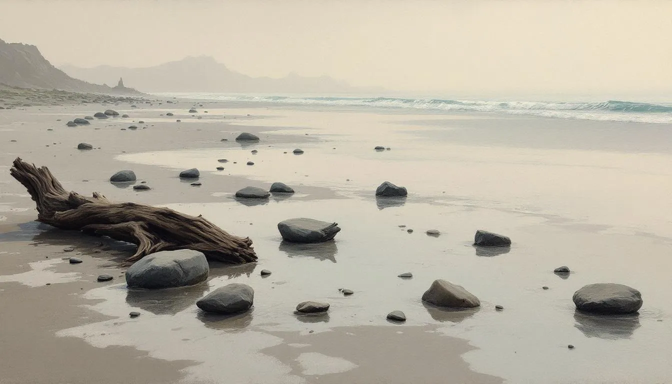 A misty beach at low tide with driftwood and scattered wet stones on pale sand
