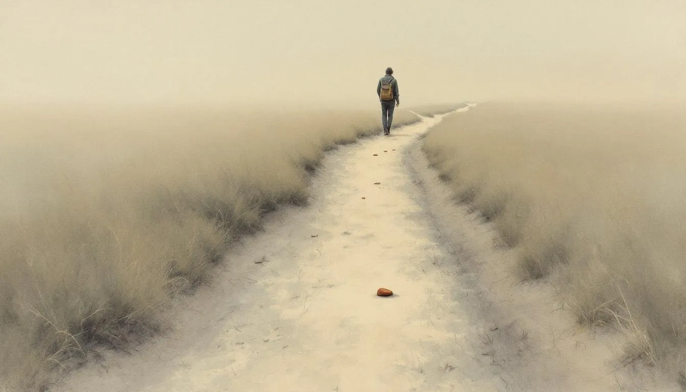 A lone hiker walks a pale path vanishing into thick fog over scrubland