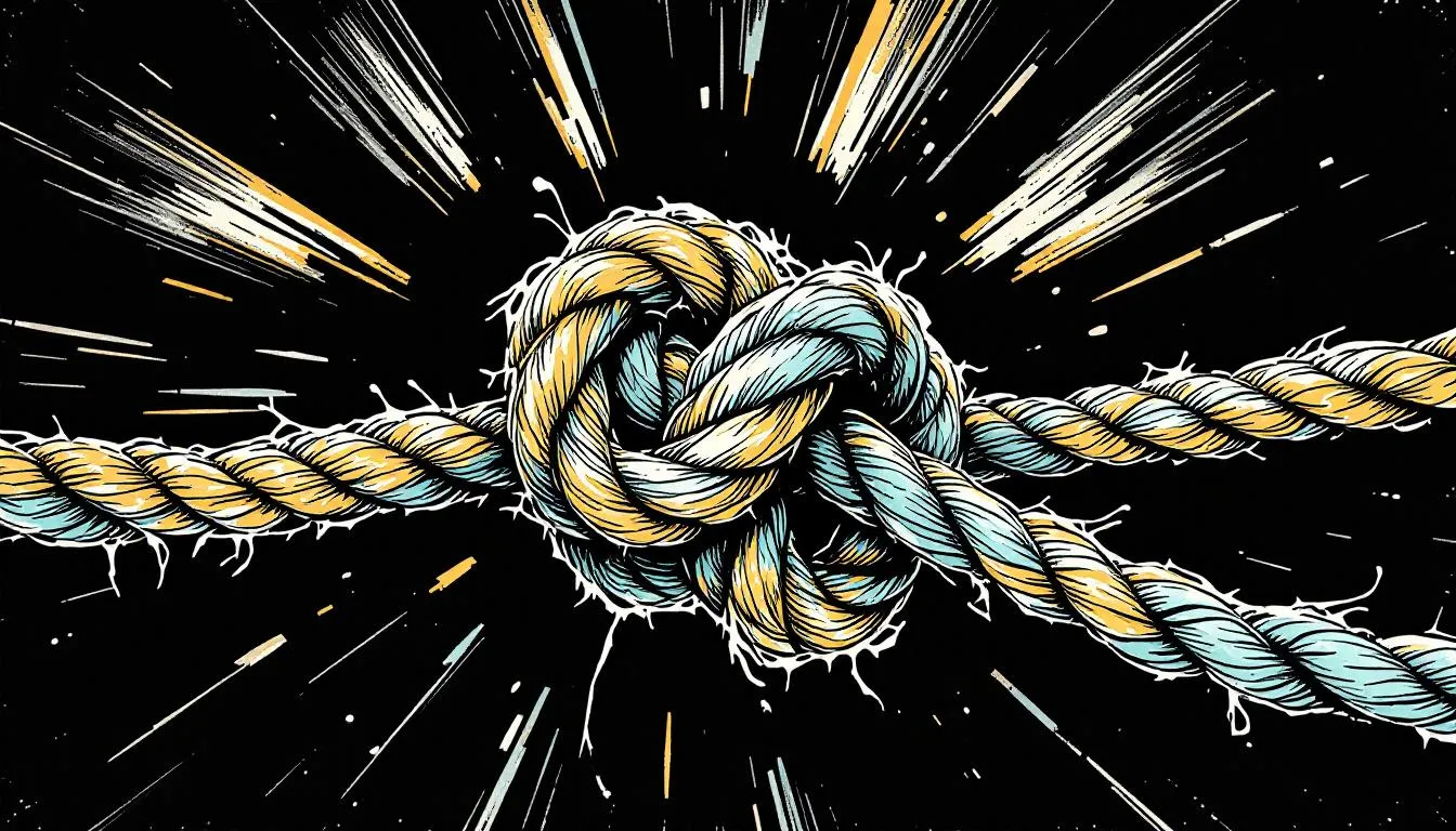 A frayed, knotted rope strains under tension against a black background