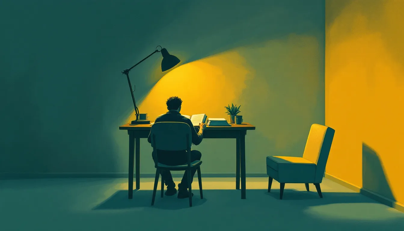 A solitary figure sits at a lamp-lit wooden desk reading from an open book while an overturned empty chair stands across the table in shadow
