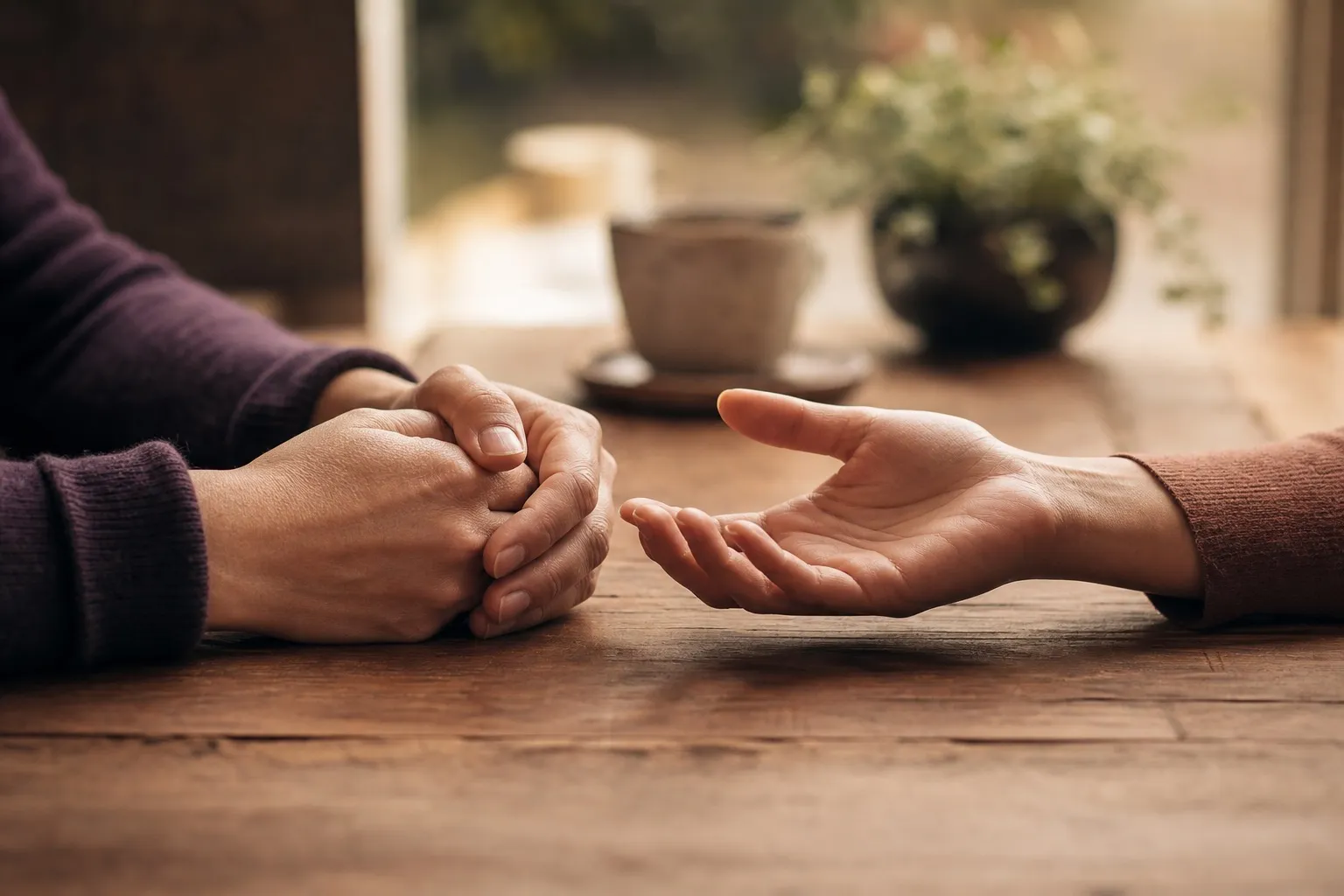 Two people's hands resting on a wooden table, one open in a gentle listening gesture toward the other, a cup of tea and a plant softly blurred behind