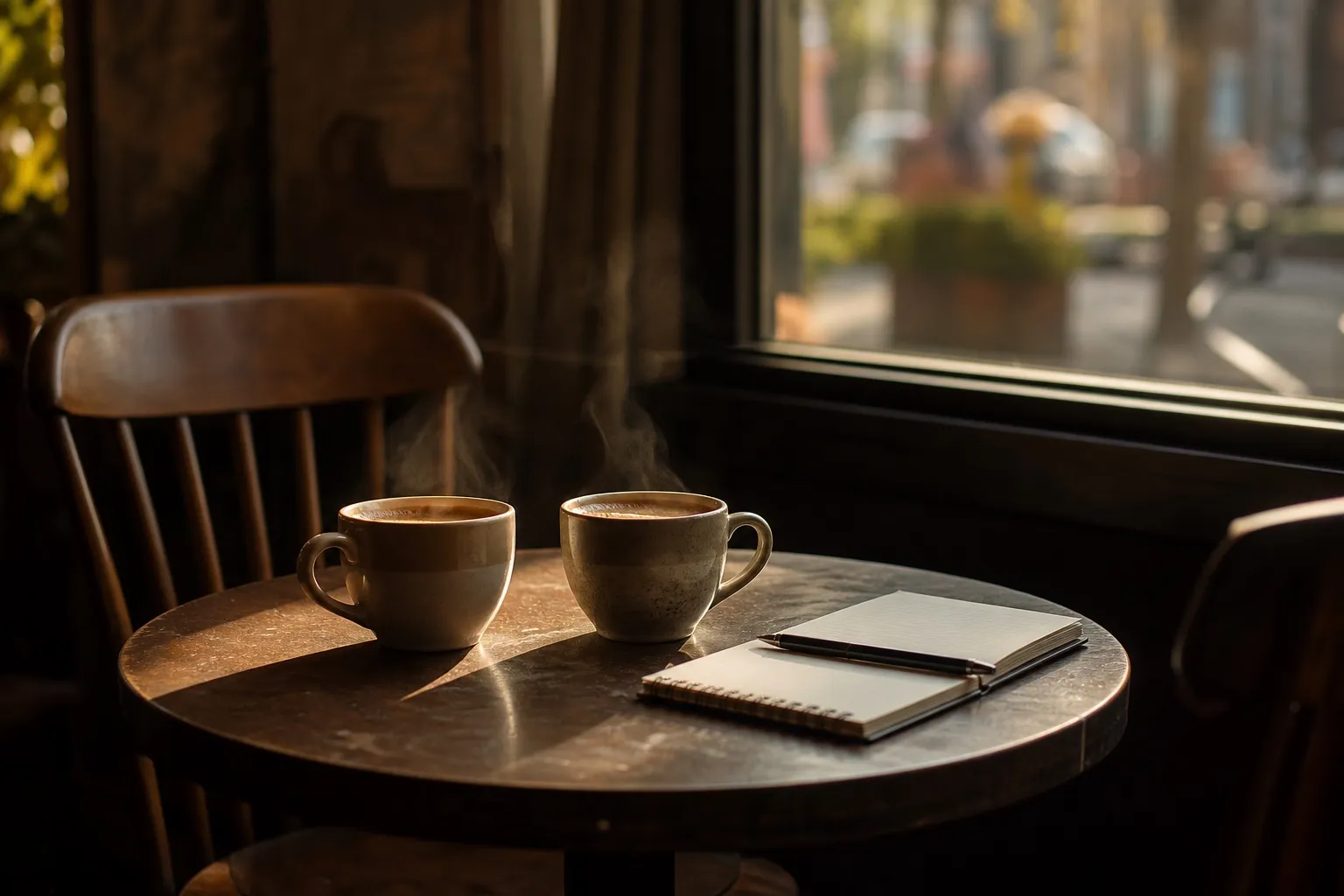 Two steaming cups of coffee close together on a small round cafe table by a window, one chair angled toward the other, with an open notebook beside them