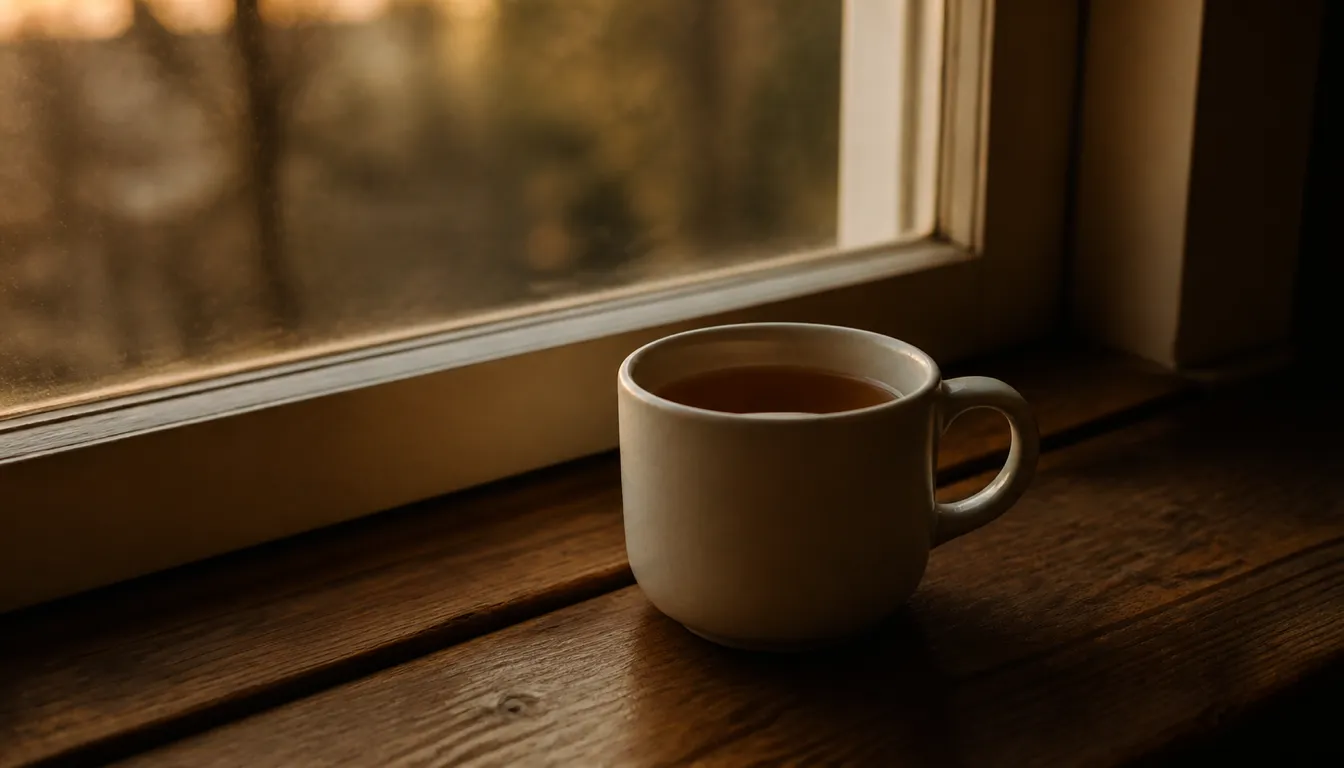 A ceramic mug with cold tea left on a windowsill in late evening light, steam long gone