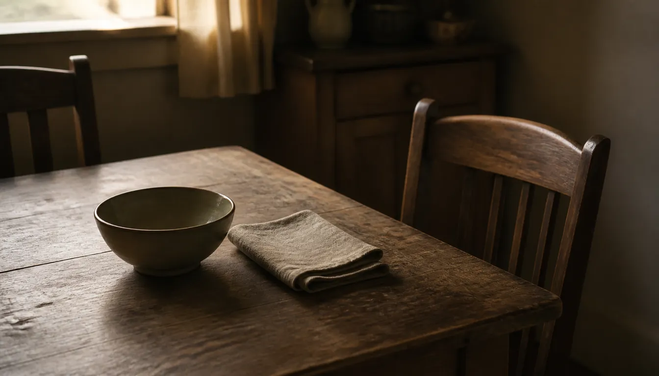 An empty chair at a worn wooden kitchen table, one ceramic bowl and a folded napkin left in the late afternoon light