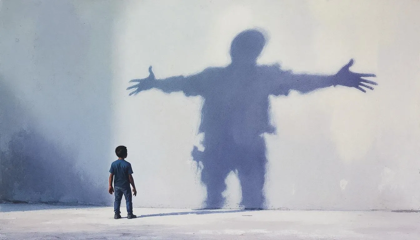 A small child faces a looming wall-shadow of an adult with arms outstretched