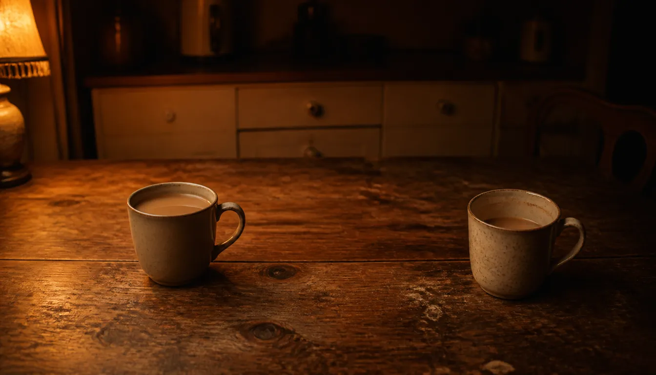 Two mugs of tea sitting slightly apart on a worn wooden kitchen table in warm evening lamplight