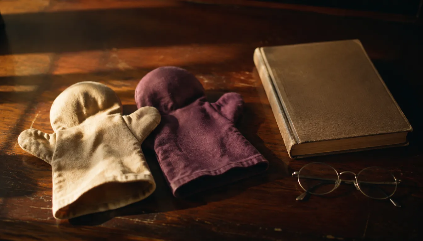 Two plain cloth hand puppets resting on a worn wooden desk beside a closed notebook and reading glasses in late afternoon light