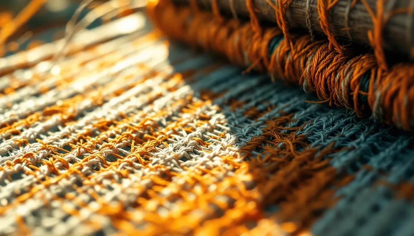 Close-up of woven cloth where orange and teal threads interlace into one fabric