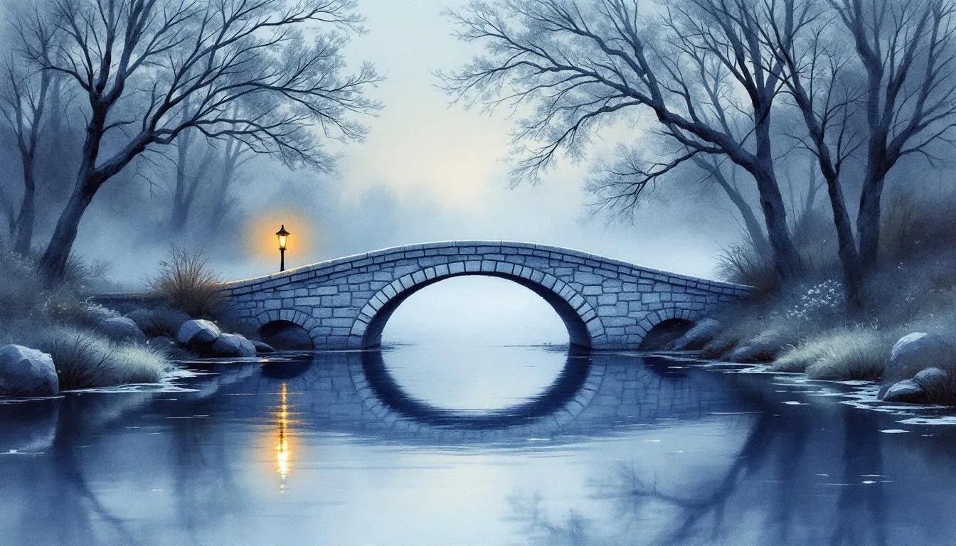 A small stone footbridge arcs over still water in a misty blue winter scene with one lamp