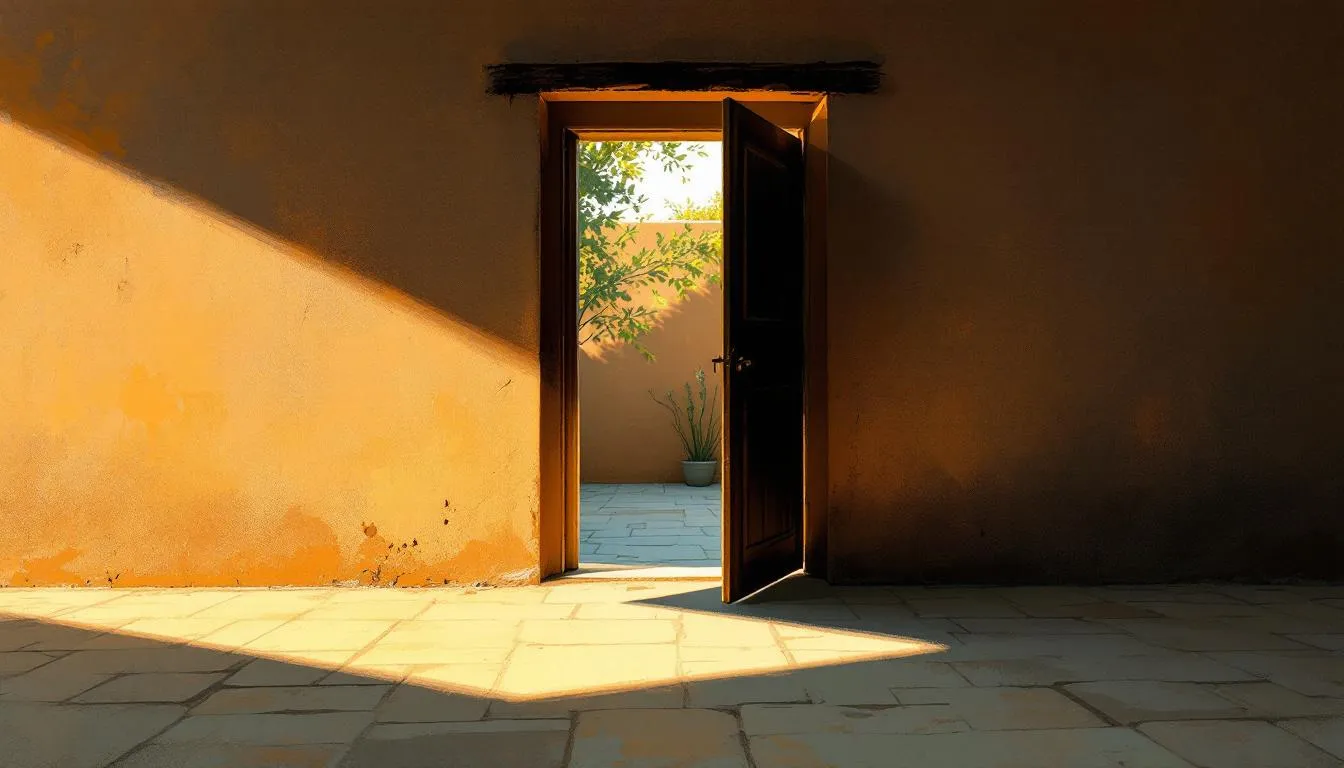 An open wooden door in a sunlit ochre wall reveals a green courtyard beyond