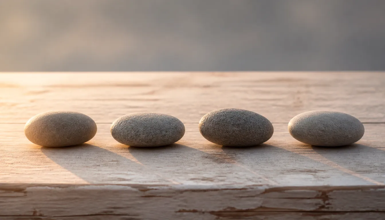 Four smooth river stones resting in a row on a weathered wooden table in warm morning light