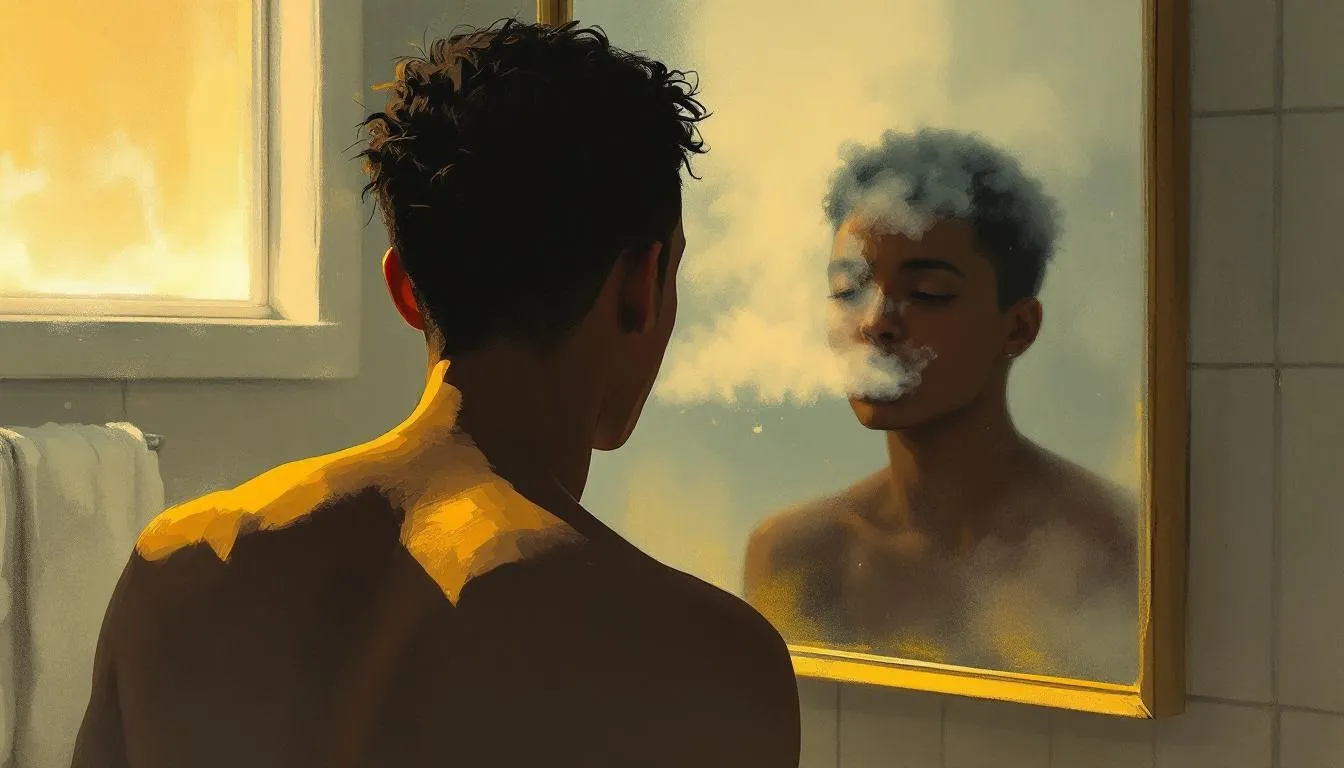 A person faces a fogged bathroom mirror, their reflection exhaling a breath of mist