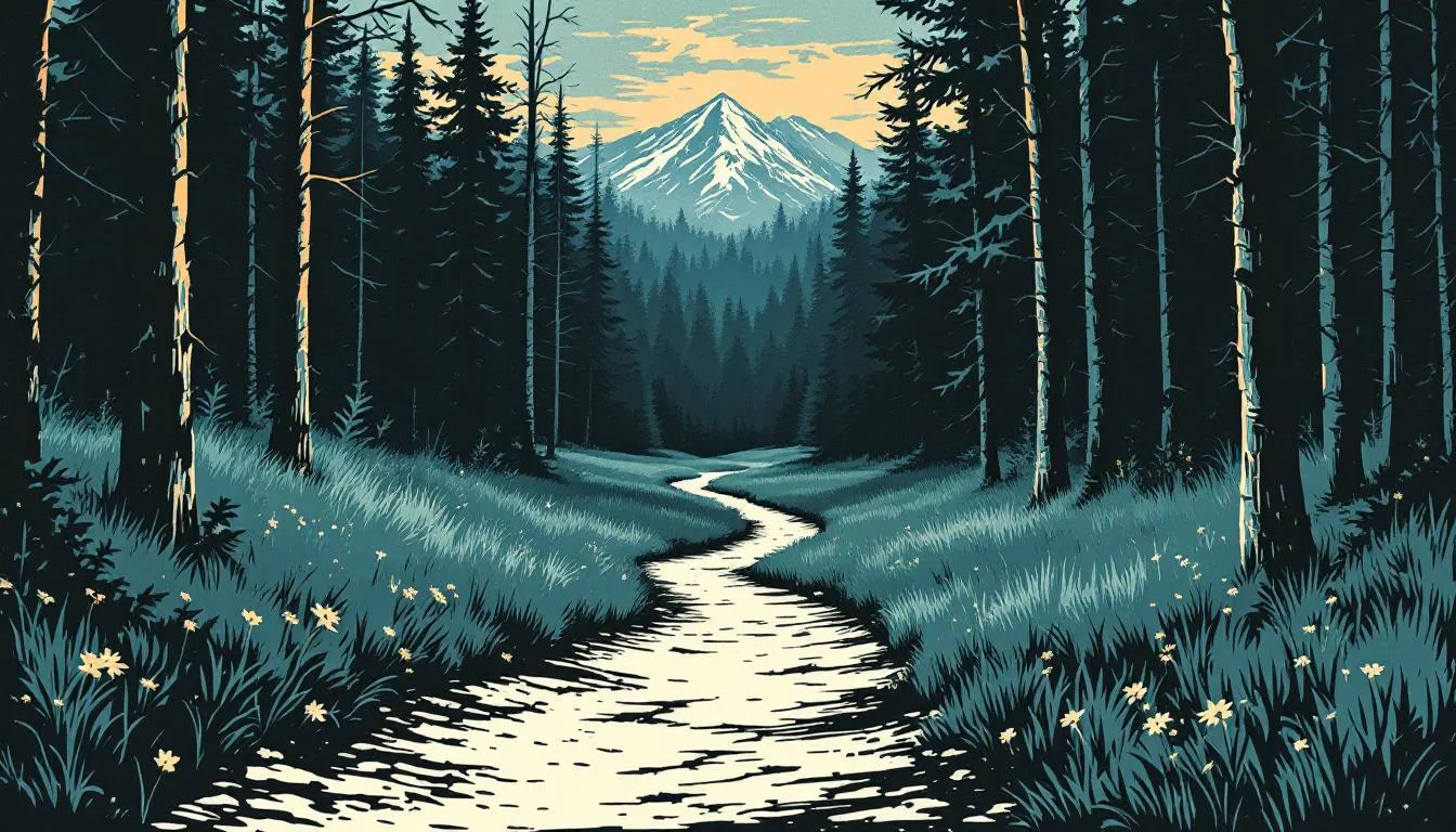A woodcut-style forest path winds toward a snow-capped mountain at twilight