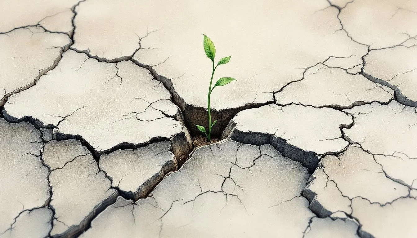 A single green sprout rises from a hollow in cracked, bone-dry earth