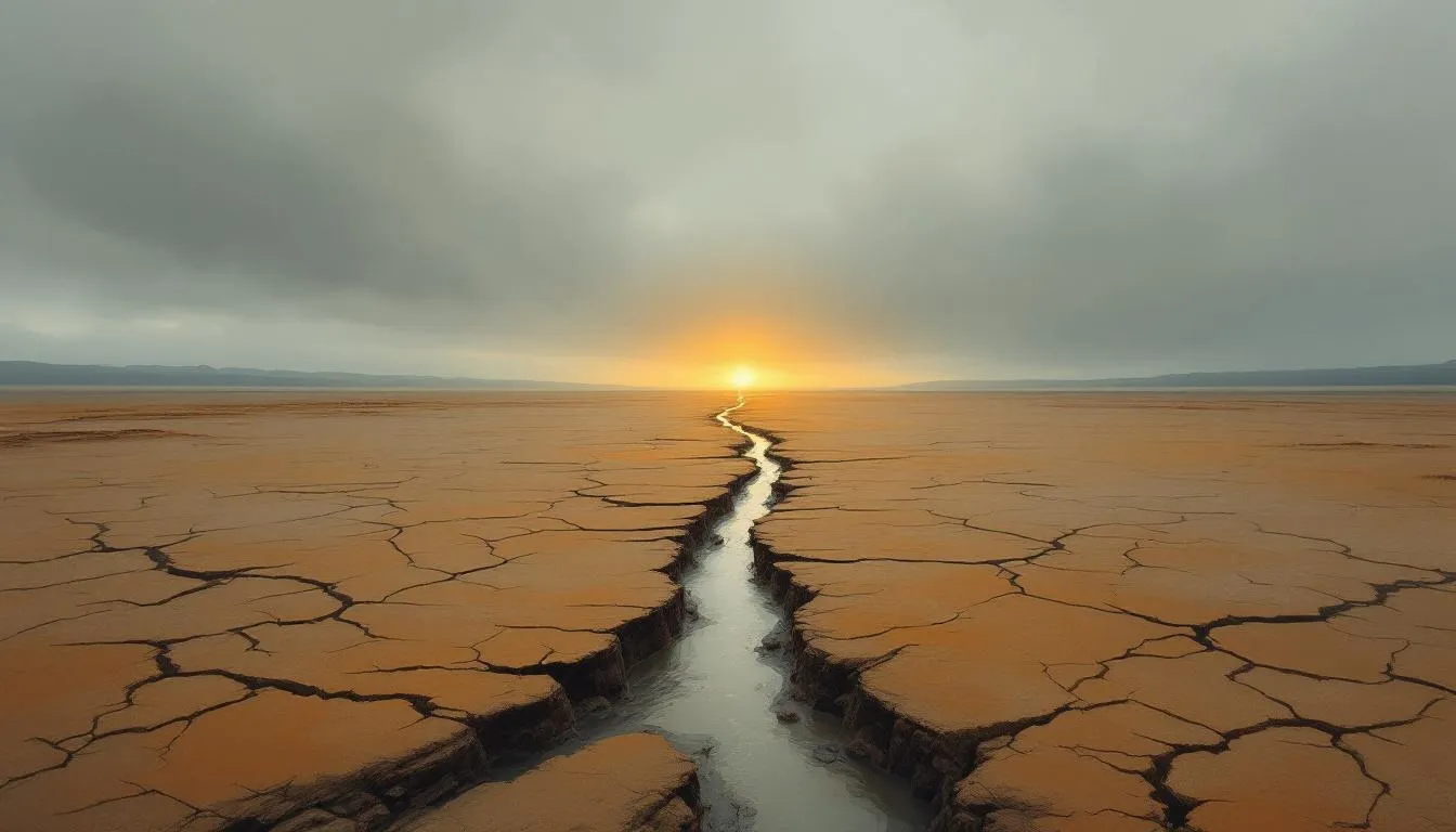A cracked dry riverbed stretches to the horizon, a thin trickle of water at its center