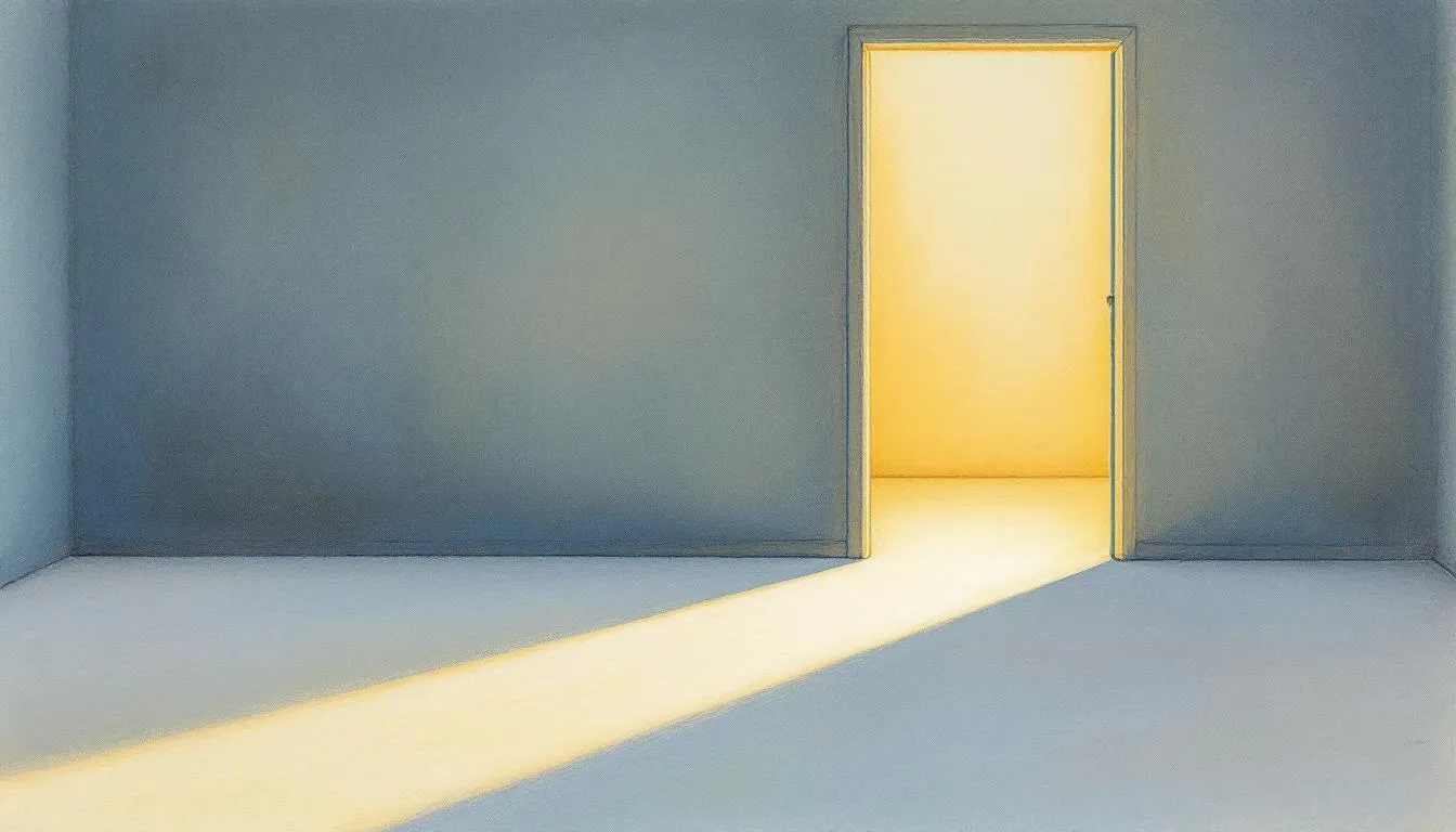A muted blue room with one open door letting warm golden light stretch across the floor
