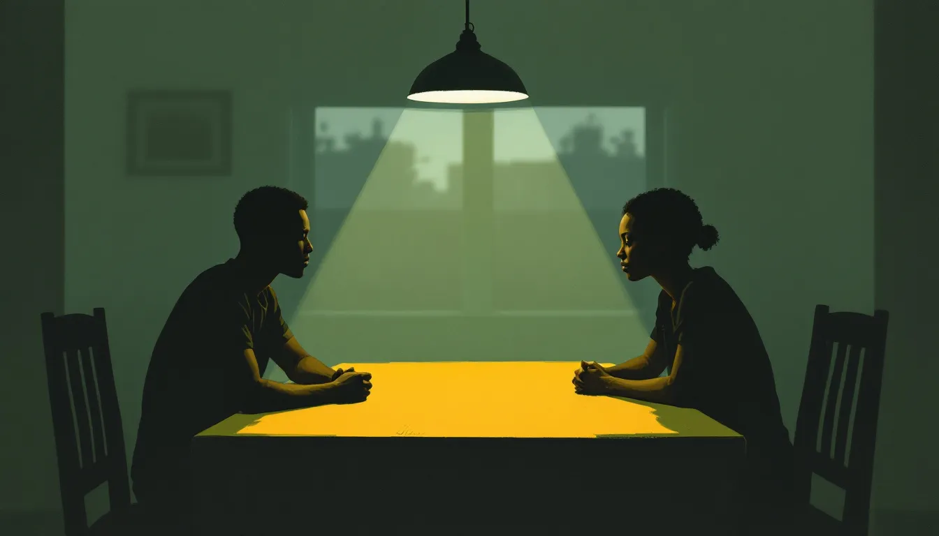 A gouache illustration of two silhouetted figures sitting at opposite ends of a long kitchen table, each under a separate pool of lamplight, with deep indigo shadow filling the space between them